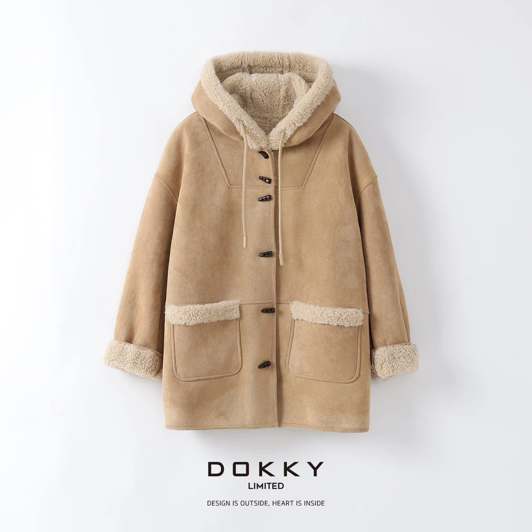 Dokky「姜饼人外套」高定环保毛.韩系时髦.连帽毛茸外套D0320