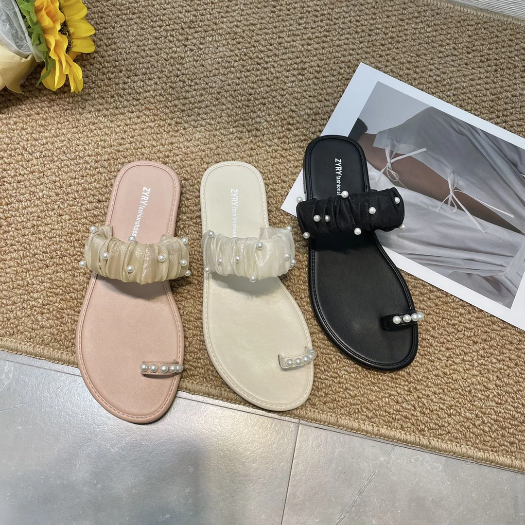 VEEFSHOW M68-2 新款韩版平底一字拖方头时尚粗跟外穿夹趾沙滩