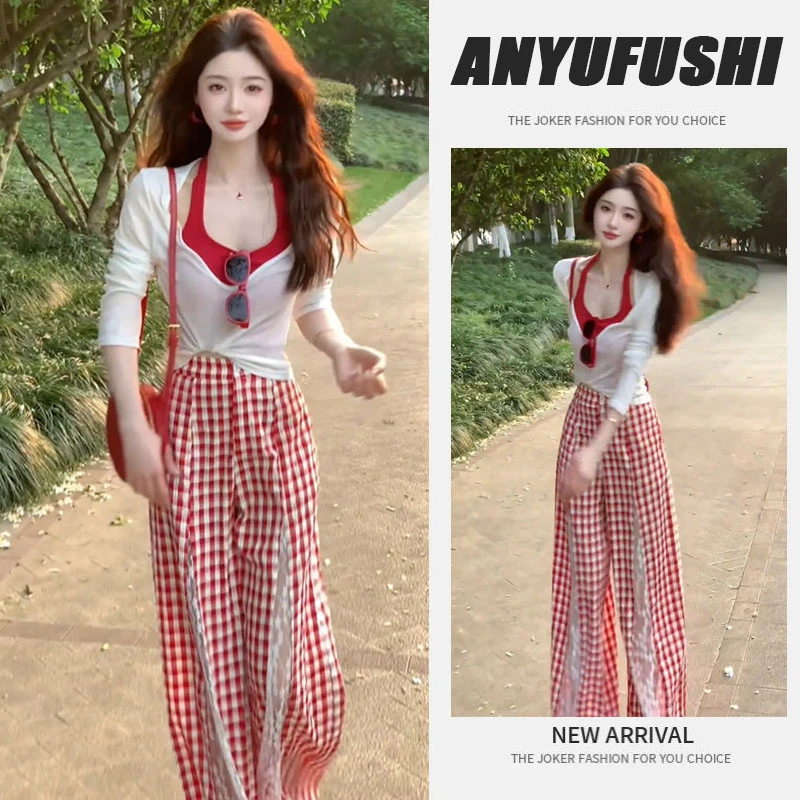 时尚套装2025夏季新款薄款防晒罩衫挂脖背心蕾丝拼接格子裤三件套