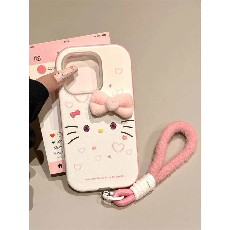 卡通爱心蝴蝶结KT表情适用于苹果16promax15手机壳iphone14挂绳13