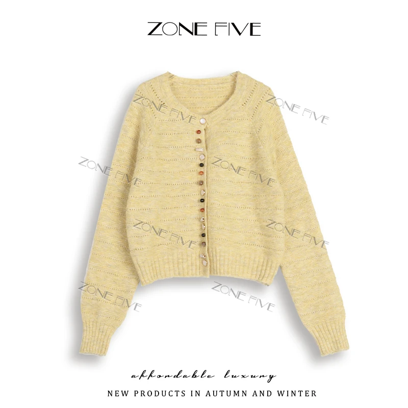 【zonefive】新款秋季圆领针织彩色扣毛衫休闲百搭薄款毛衣女