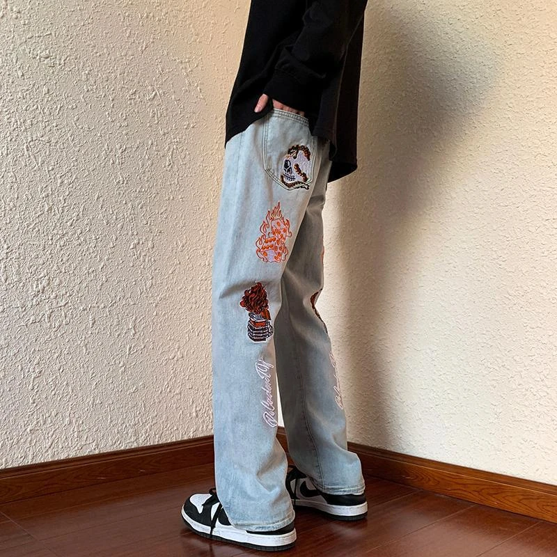 美式高街复古风个性vibe牛仔裤男士ins潮宽松百搭休闲直筒长裤子