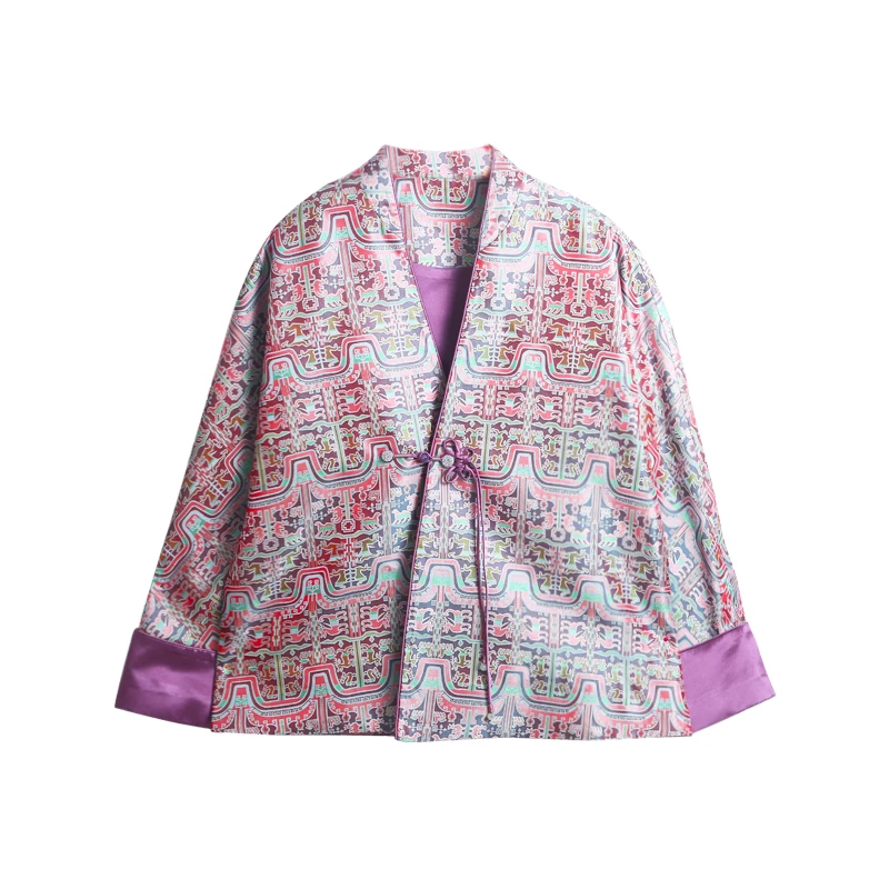 神鹿高升张和才桑蚕丝古蜀锦V领斜开襟盘扣外套87009-4