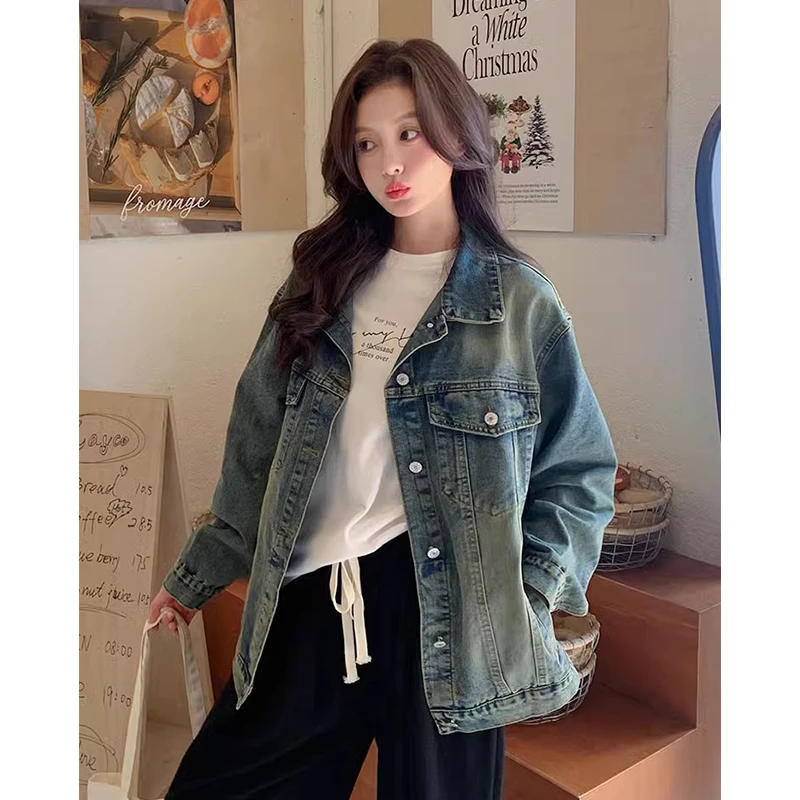 慵懒美式复古牛仔外套女春秋新款宽松休闲夹克上衣小众设计感外套