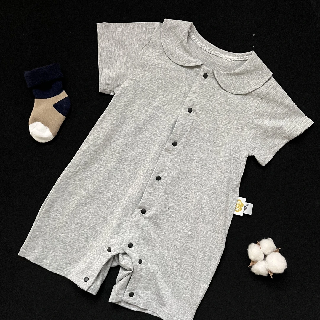 灰色短袖哈衣艾草7A抗菌全棉婴幼童宝宝单层柔软舒适开裆闭裆