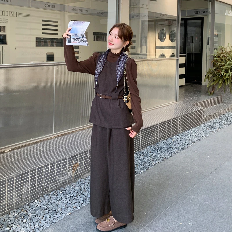 法式优雅美拉德马甲打底衫阔腿裤2025春秋新款松弛感老钱风三件套