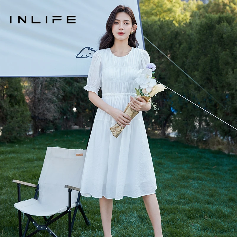 伊纳芙温柔初恋法式连衣裙女夏季小众收腰白色连衣裙TOC-23X1L717