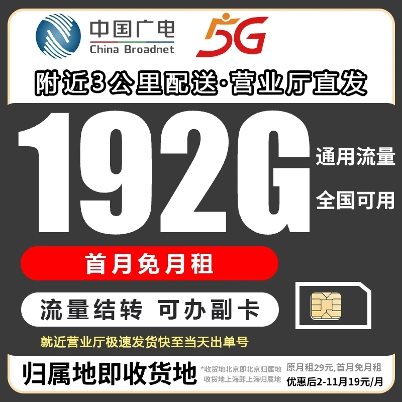 【收货地即归属地】中国广电祥龙卡19元192G大流量卡低月租5G卡-HG