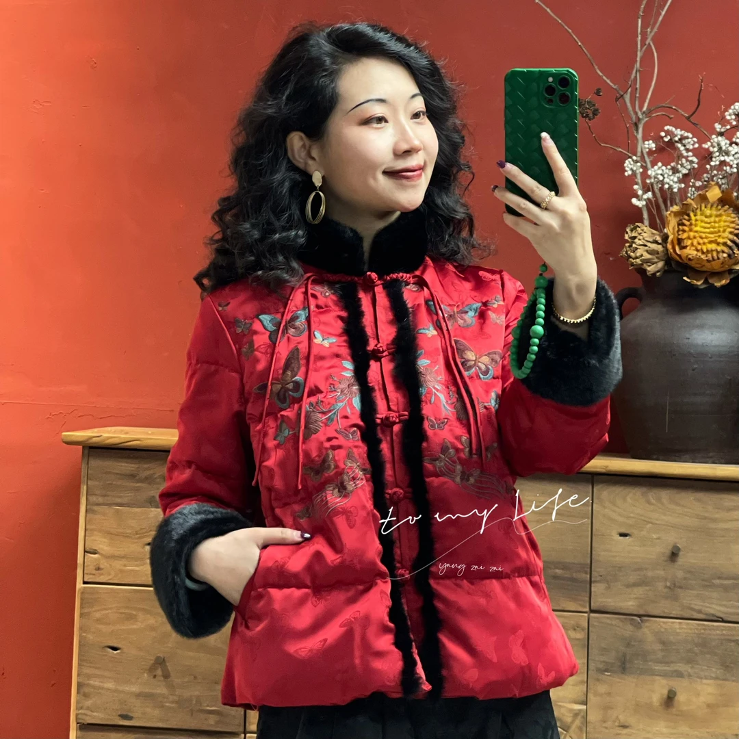 羊在在【晓梦蝴蝶】民族风羽绒服蝴蝶刺绣高级毛领外套YRF24GY135