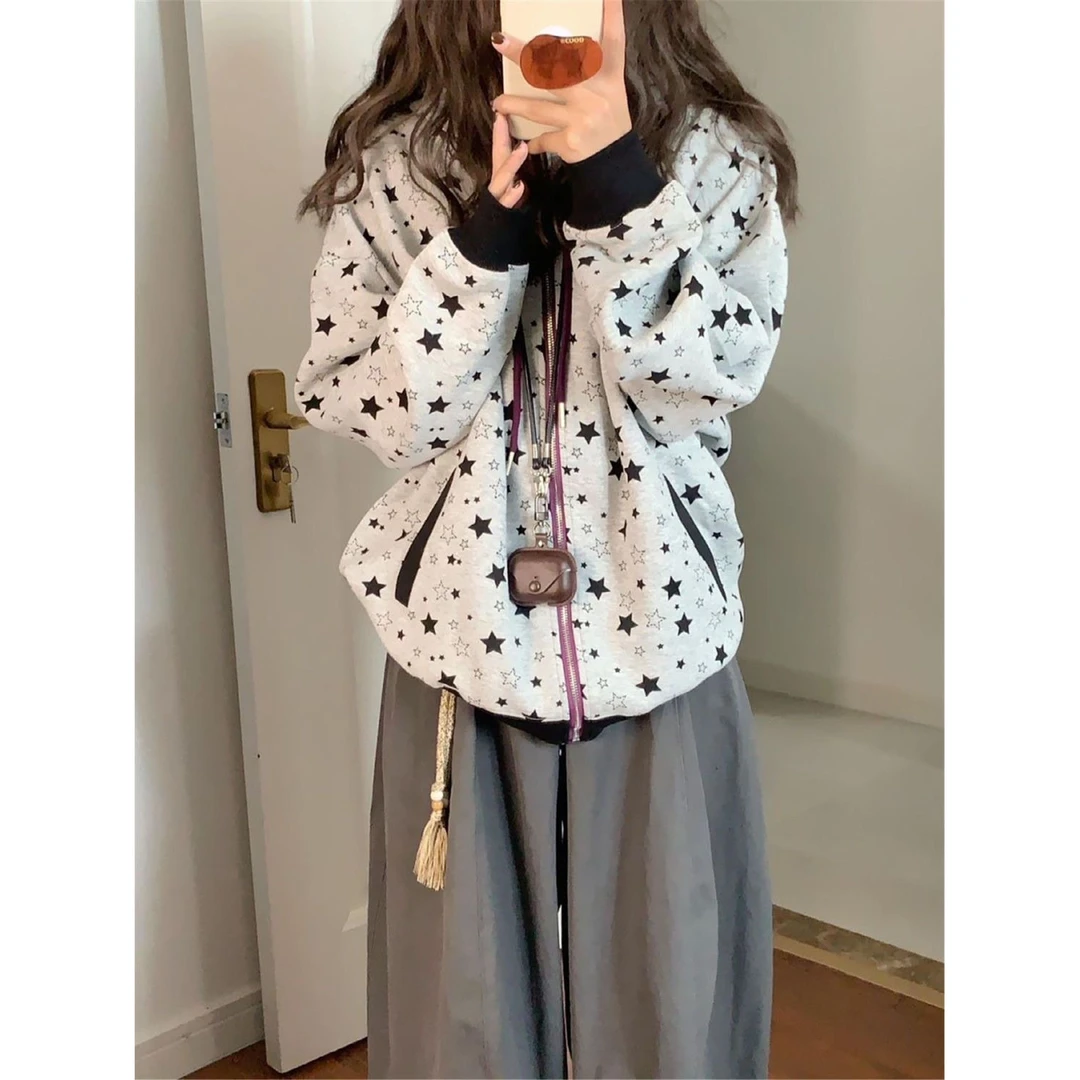 印花刺绣拉链华棉复合薄款百搭宽松时尚韩版设计感碎花星星ins