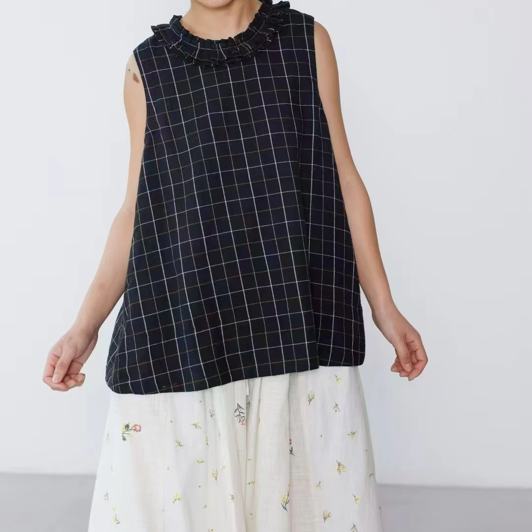 夏季新款时尚格子拼接宽松百搭无袖衬衣（W6946）