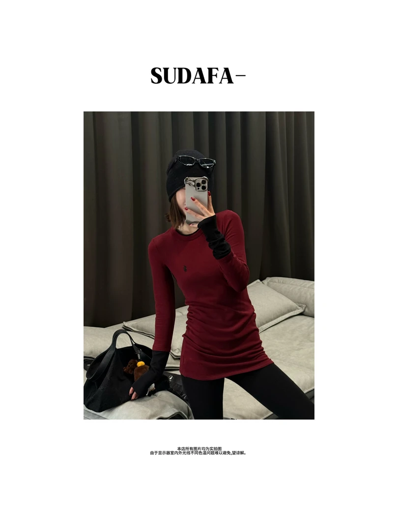 SUDAFA-【广岛之恋】秋冬收腰撞色拼接假两件加绒中长款长袖DD25030