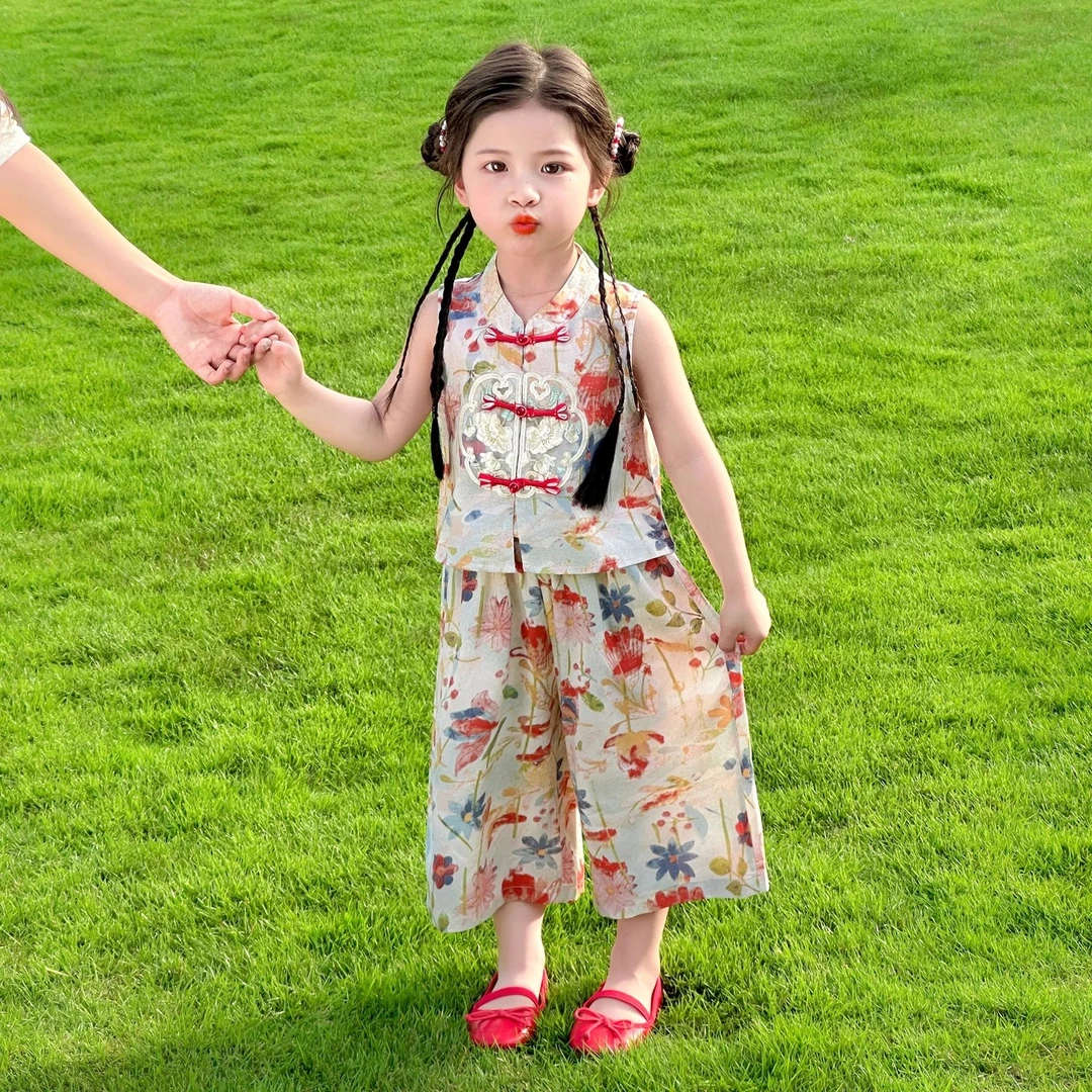 【现货】女童棉绸套装夏季2025新款儿童新中式国风衣服宝宝夏装薄款