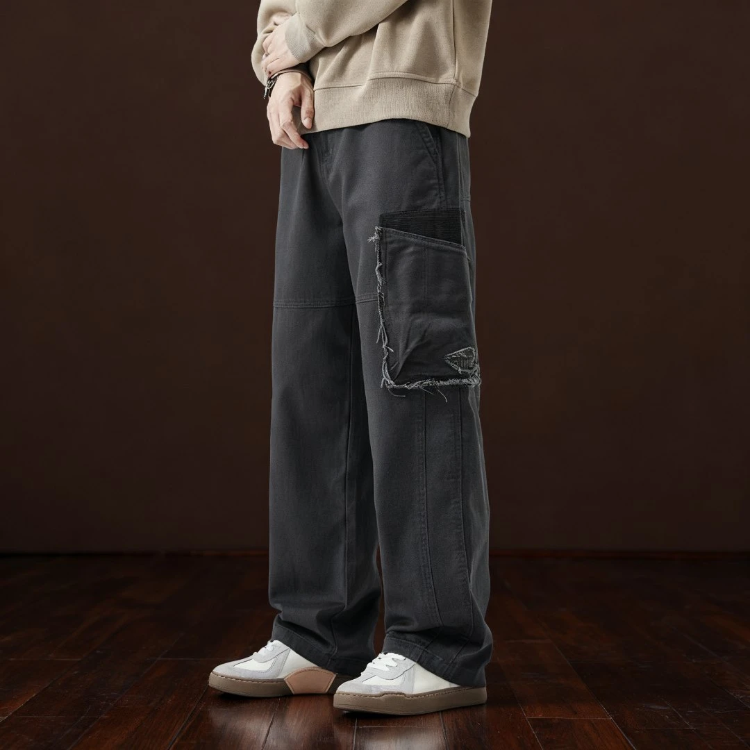 春秋美式潮牌直筒宽松阔腿工装多袋裤子男棉水洗