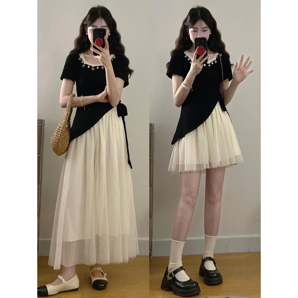 大码女装新款韩系甜美不规则短袖T恤+网纱半身裙套装