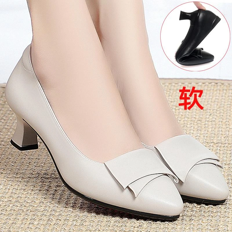 软底舒适中跟细跟白色工作鞋女黑色单鞋上班浅口女鞋女式皮鞋春秋