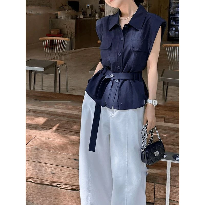 法式高级感polo领无袖衬衫女2025夏季新款高级感收腰系带气质上衣