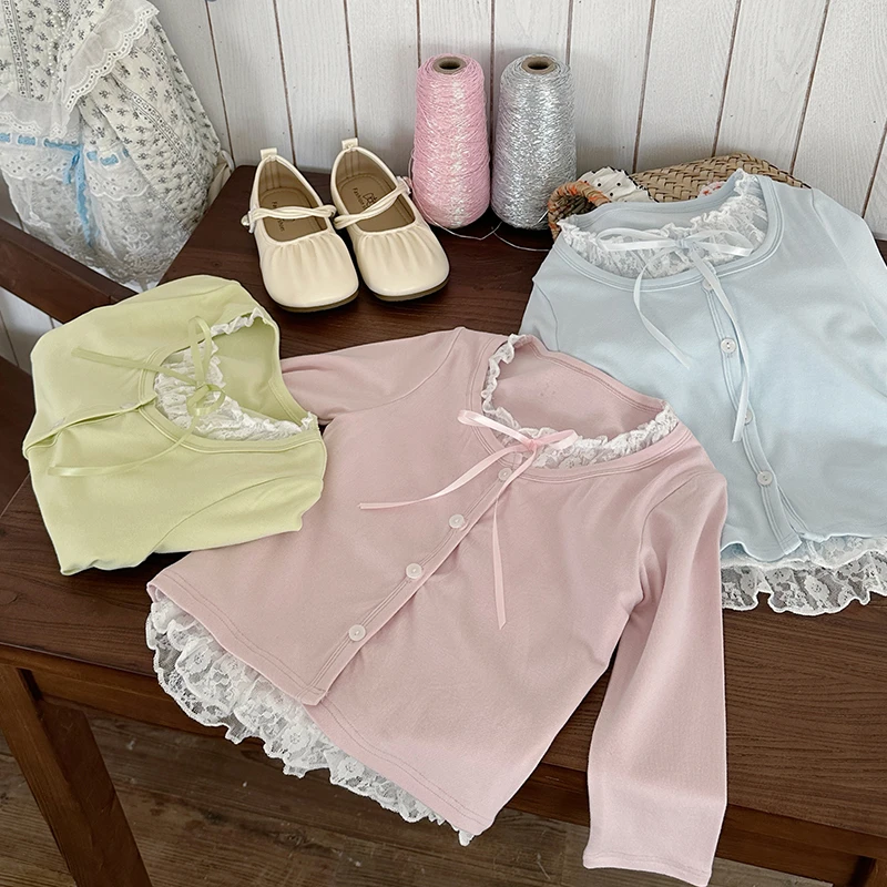 【橘子家】女童假两件蕾丝蝴蝶结系带长袖T恤bm风内搭打底衫HS61157