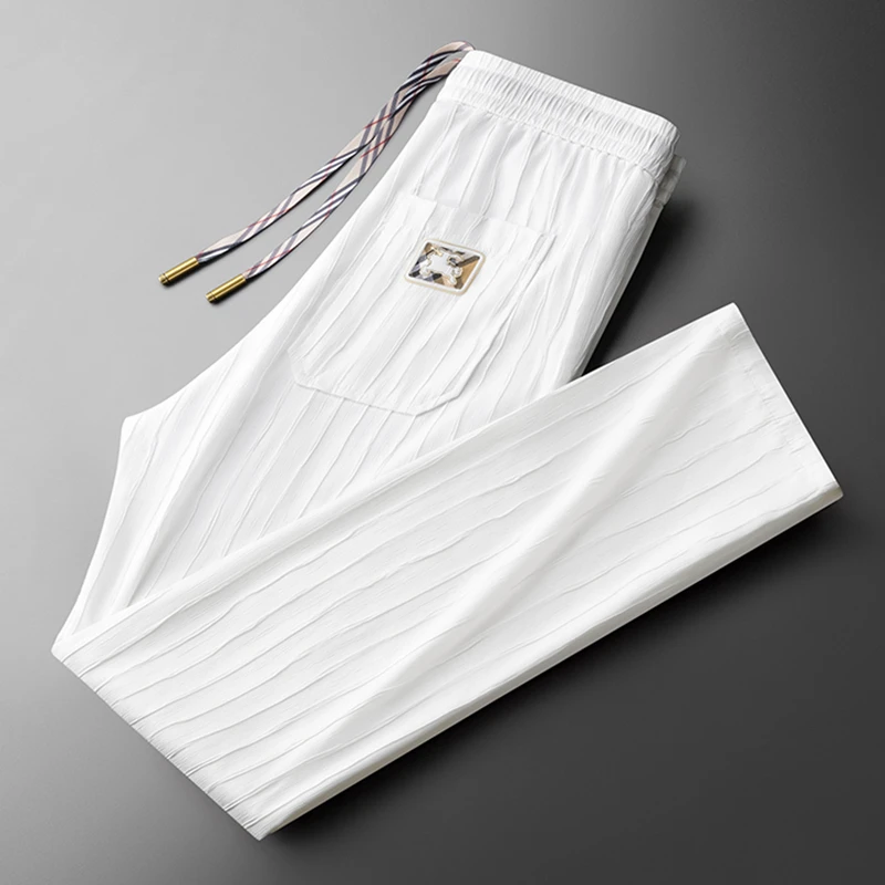 2025夏季男士薄款白色休闲裤男修身条纹商务裤时尚潮牌男小直筒裤