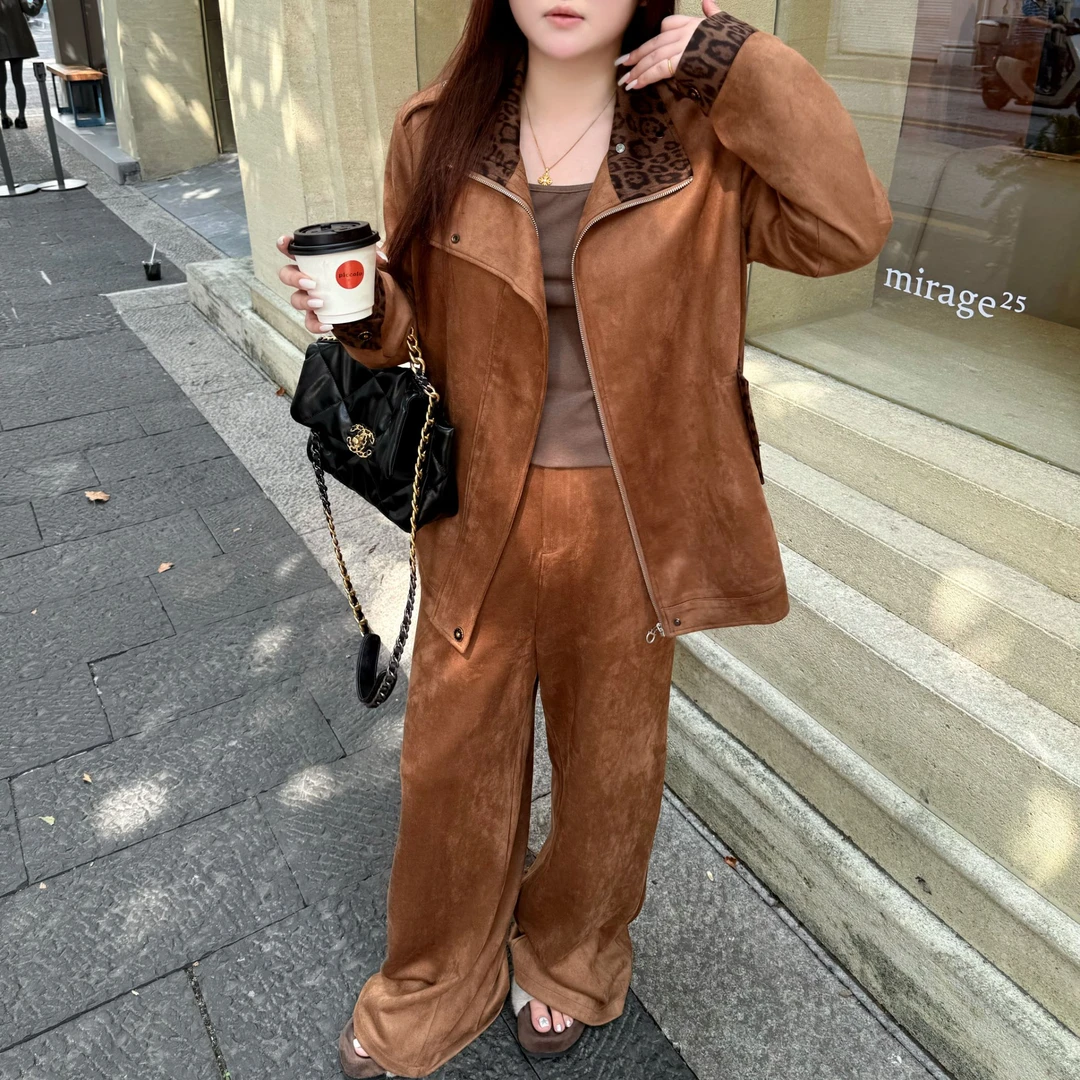 维维&南岛风大码女装2025新款胖mm显瘦鹿皮外套裤子套装ZWW953