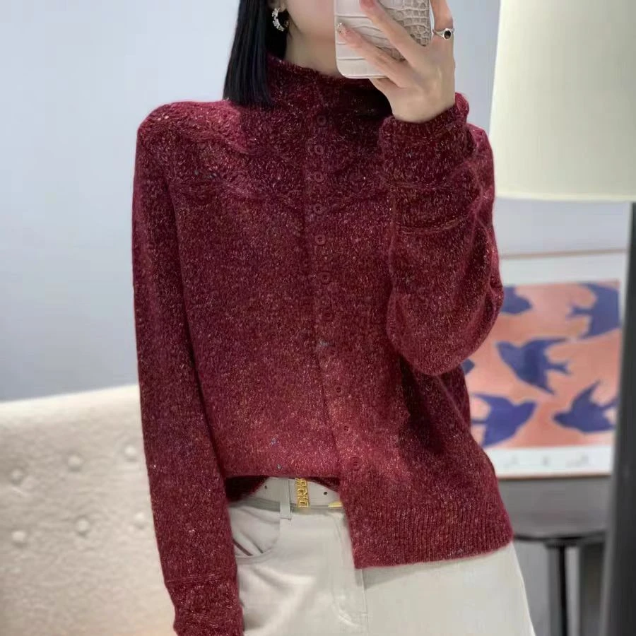 半高领女时尚拼接针织衫宽松显瘦毛衣外套彩点纱镂空开衫B177#