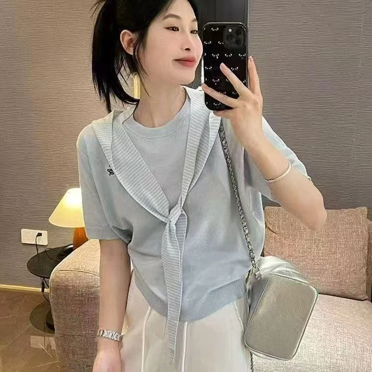 韩系洋气莱赛尔带披肩针织短袖T恤两件套女2025年夏季新款女上衣