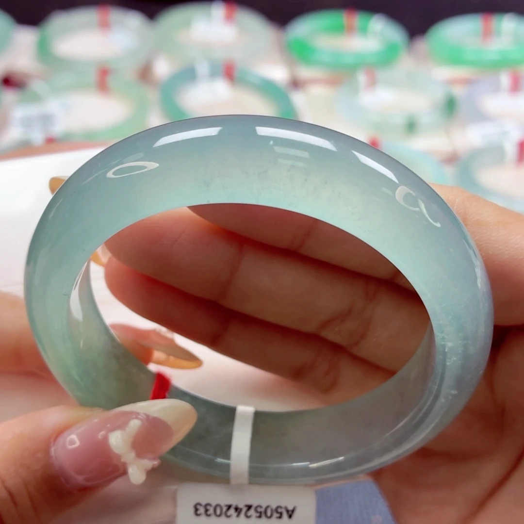 翡翠未镶嵌手镯68小宽版蓝绿半山水54.8-47