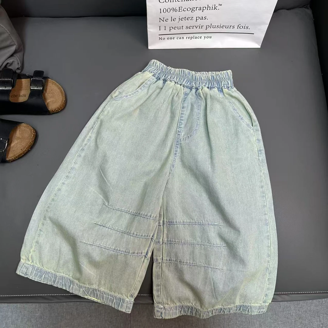 2025夏季新款韩版男女童宽松冰丝直筒牛仔裤长裤mt