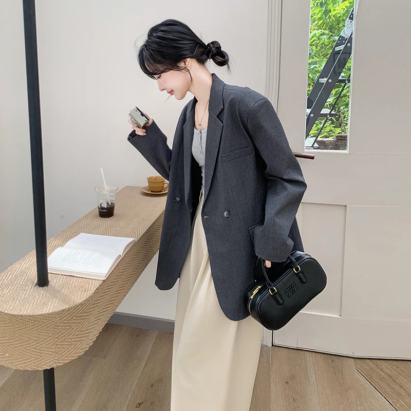 灰色复古休闲小西装外套女2025春秋新款气质小众通勤西服轻熟风