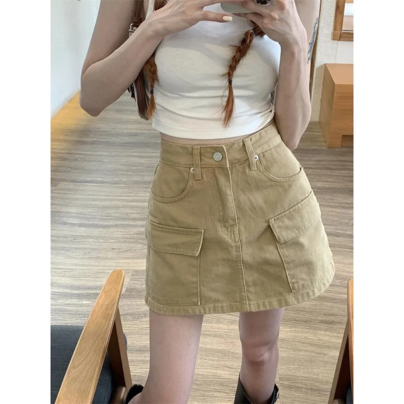 短款显瘦高腰大码卡其色女工装牛仔半身裙辣妹风口袋设计字包臀