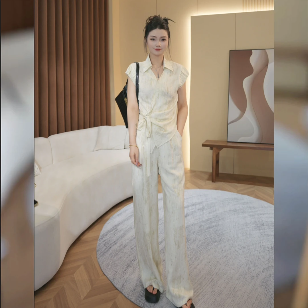 2025夏季新款设计感小飞袖衬衫套装女上衣阔腿裤两件套JBC2521232