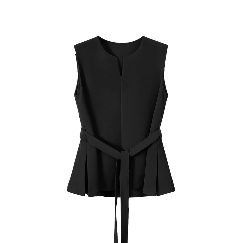 她池2025夏装新款女装V领宽松款无袖设计感衬衫收腰背心T42B1524G