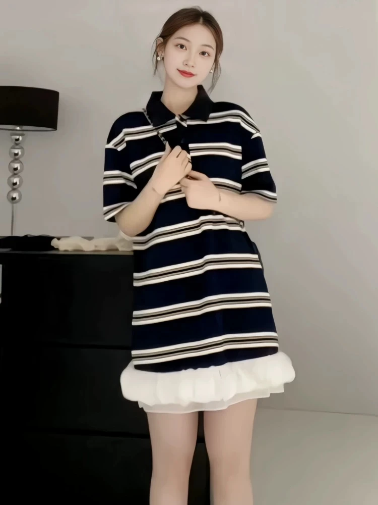 《昏昏专属》翻领条纹连衣裙女2025夏季宽松休闲气质百搭拼接裙子