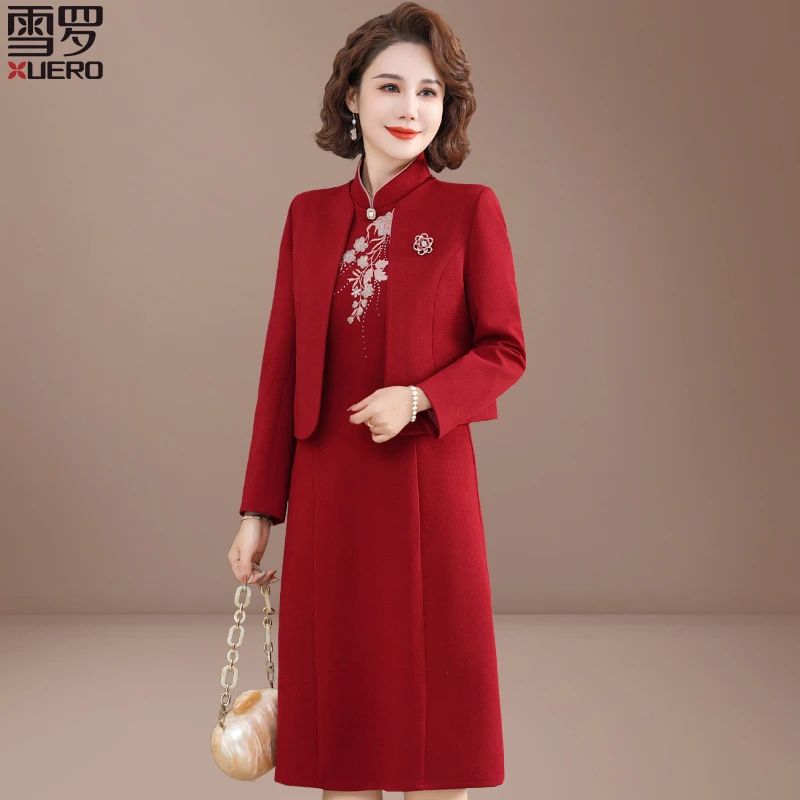 十月份婚礼妈妈礼服连衣裙高档春秋喜婆婆婚宴装改良旗袍裙两件套