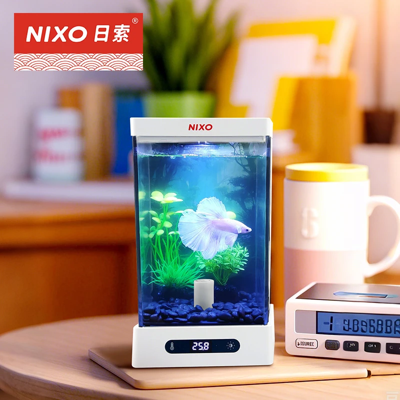 日索斗鱼缸小型家用办公室桌面一体智能鱼缸造景带灯带加热背景纸