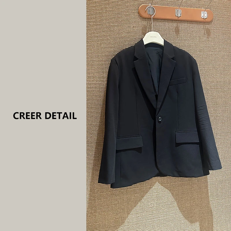 精纺羊毛大牌感极简风经典黑色西装宽松大版设计师休闲西服外套
