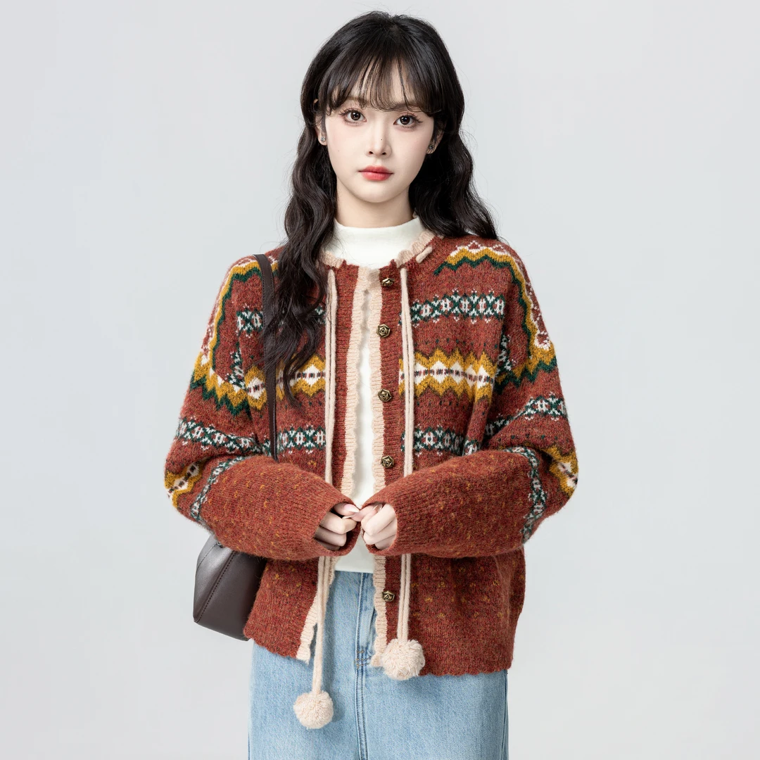 红色费尔岛毛衣外套女春秋2025秋季新款复古宽松针织开衫短款上衣