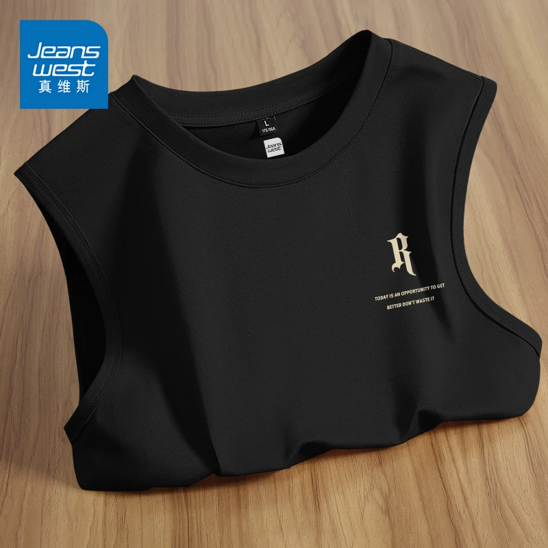 真维斯夏季纯棉背心男士潮流字母黑色上衣宽松圆领无袖体恤男大码