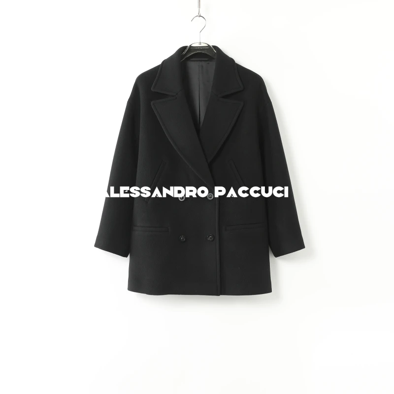 AP洛哥44027DY【墨茧】黑标/绵羊毛双排扣黑色落肩茧型短款大衣 冬