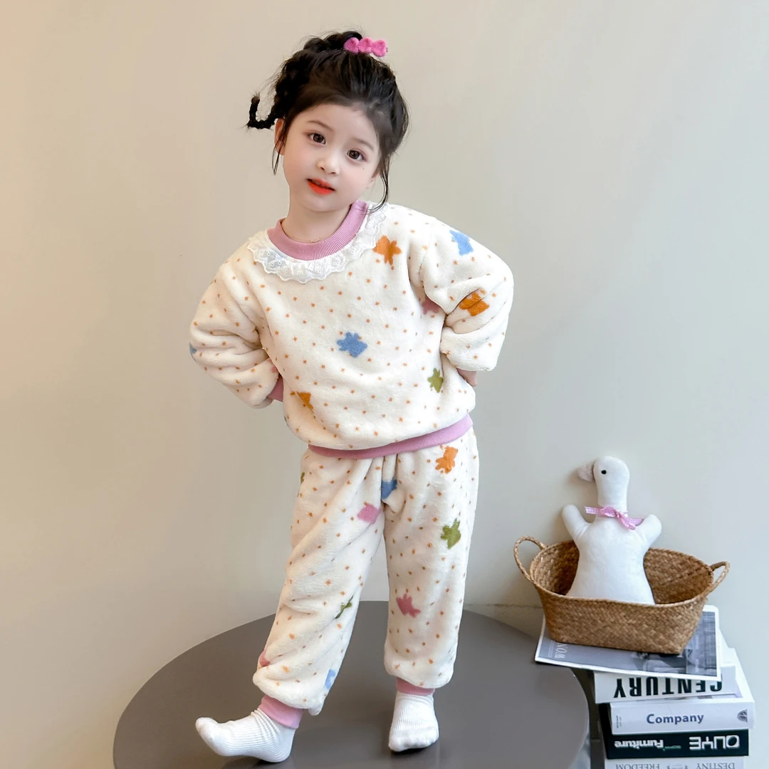 儿童睡衣法兰绒小女孩秋冬季中小童保暖套装法兰绒冬款女童家居服