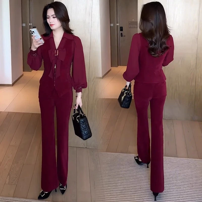 时尚套装女2025春季新款洋气质修身显瘦马甲衬衫微喇裤减龄三件套