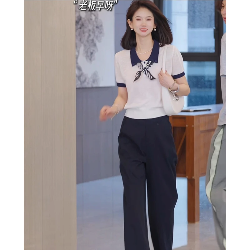轻职风显瘦减龄穿搭一整套2025夏季polo领短袖针织衫西装裤两件套