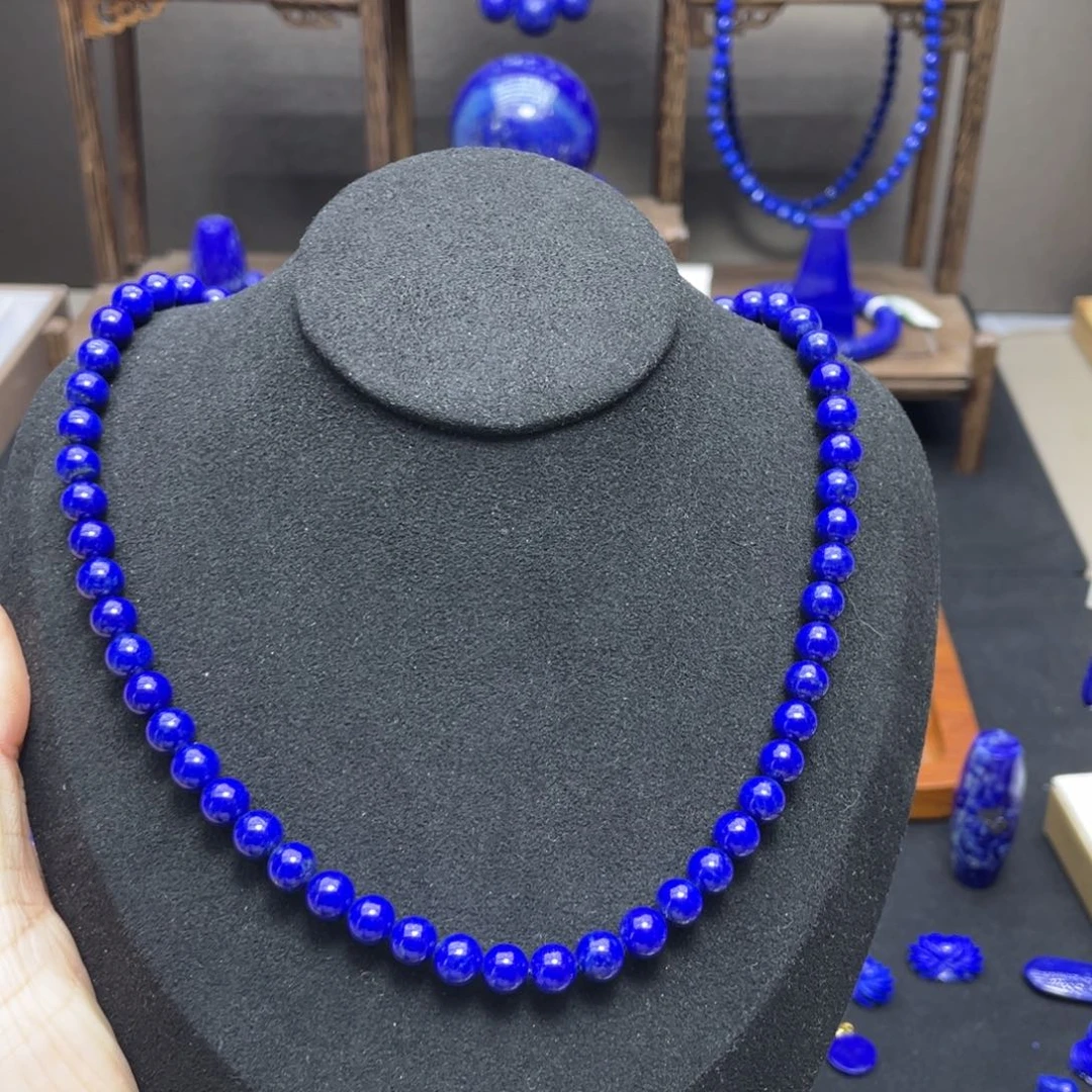 青金石银S925镀金镶嵌项链7mm高品