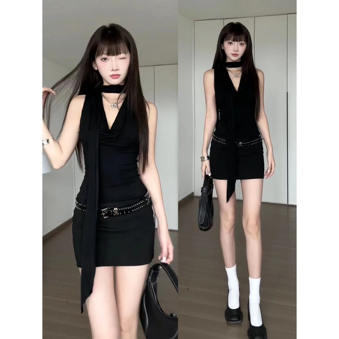 美式气质修身连衣裙小裙子女显瘦新款小黑裙黑色荡领性感级感短裙