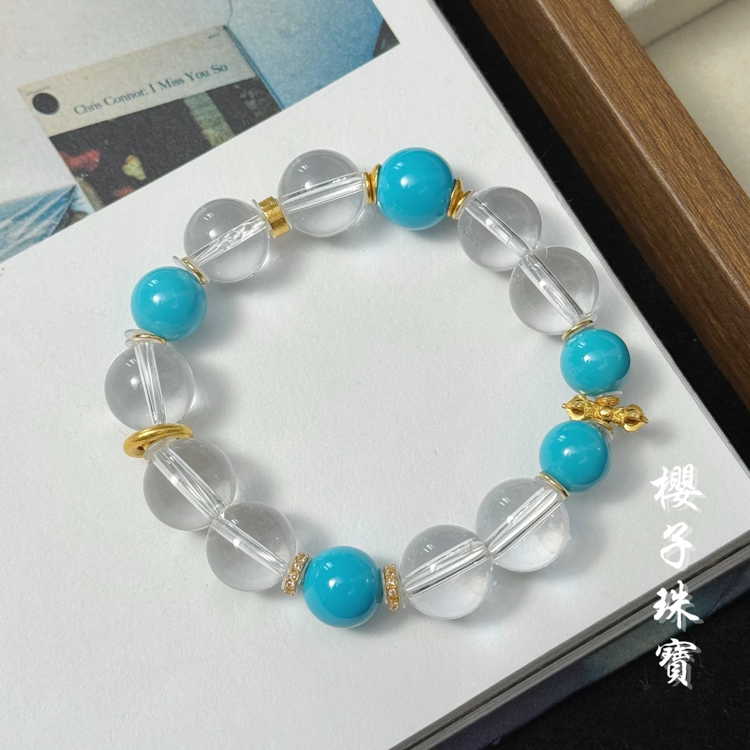樱子 | 悦茗 18K金原矿绿松石白水晶时尚设计百搭手串*YZBS3071
