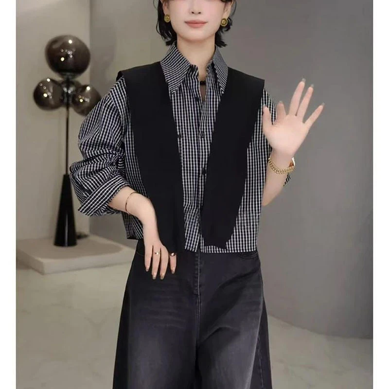 韩系时尚披肩条格纹长袖上衣2025秋季新款气质polo领简约通勤衬衫