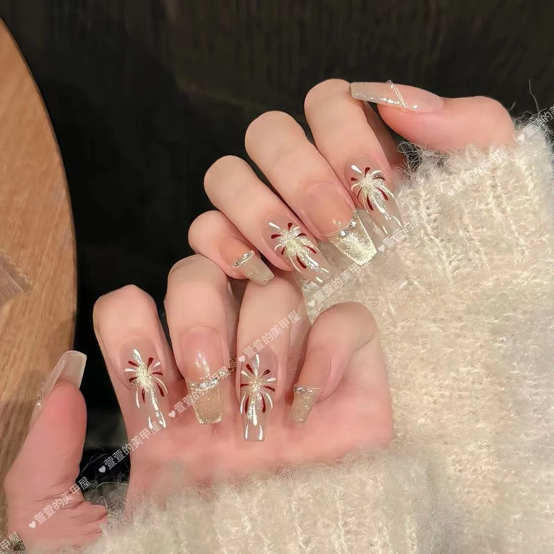 绽放纯手工光疗美甲贴果冻贴片指甲穿戴甲简约梯形重复