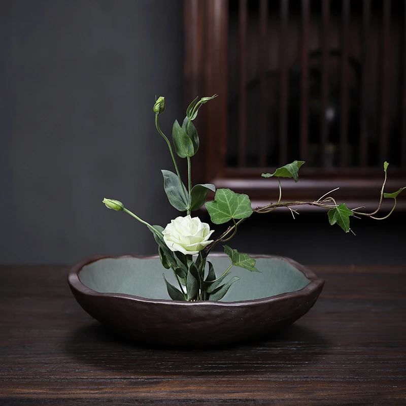 复古陶瓷花盘插花浅盘器皿中式日式花道剑山插花器水培写景盆