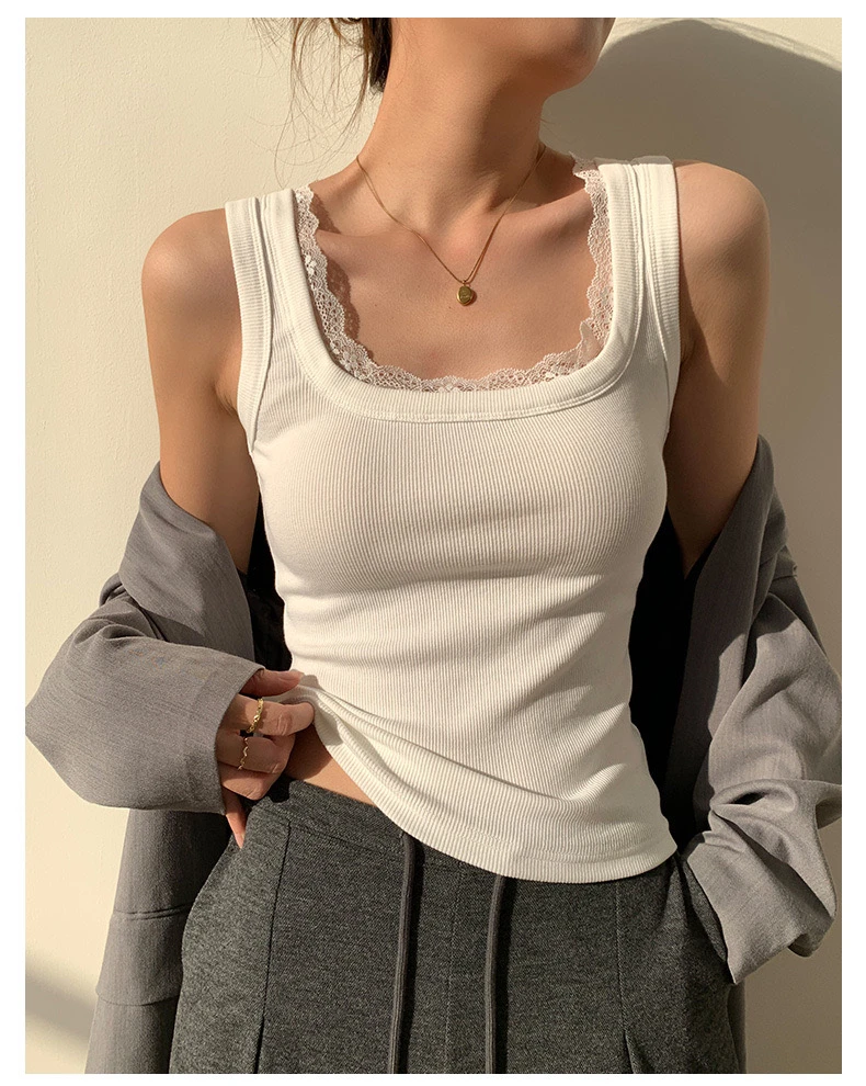 韩版方领蕾丝边不起球百搭外穿背心25017品