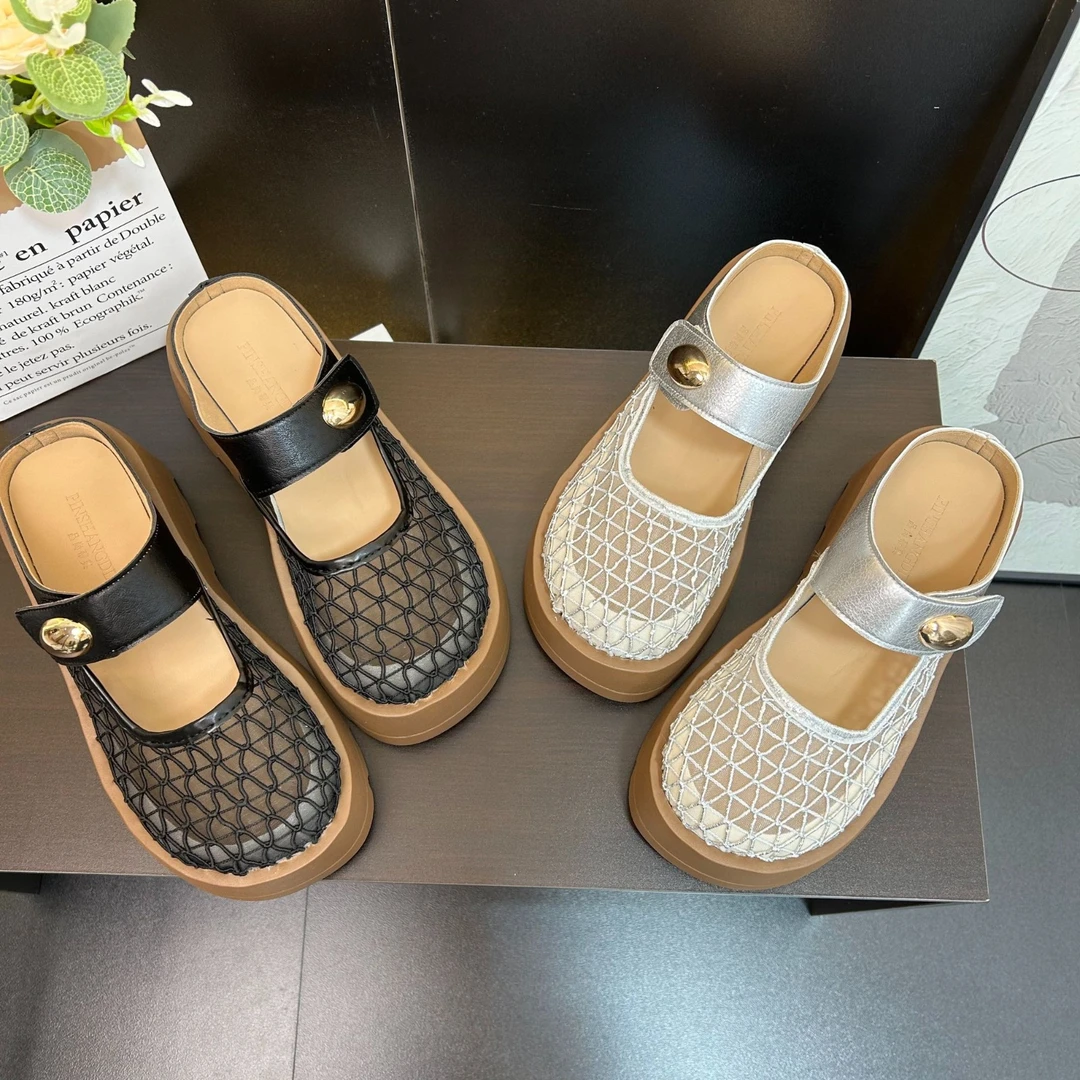 6CM~厚底法式包头半拖鞋外穿女2025春夏新款网面透气舒适软底凉拖